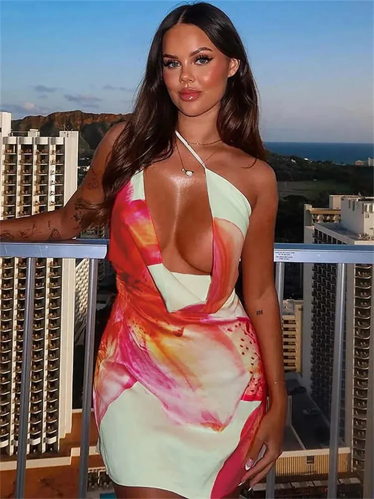 Tossy One-Shoulder V-Neck Summer Mini Dress For Women Printed Contrast Slim Spaghetti Sexy Dress Female Backless Party Dress New — image 3