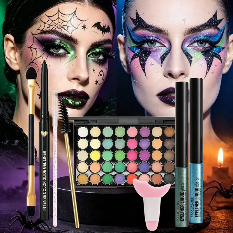 8PCS/SET Halloween Carnival Eye Makeup Bright Color Eyeshadow Palette Sparkle Liquid Eyeliner Eyebrow Pen Eye Brushes