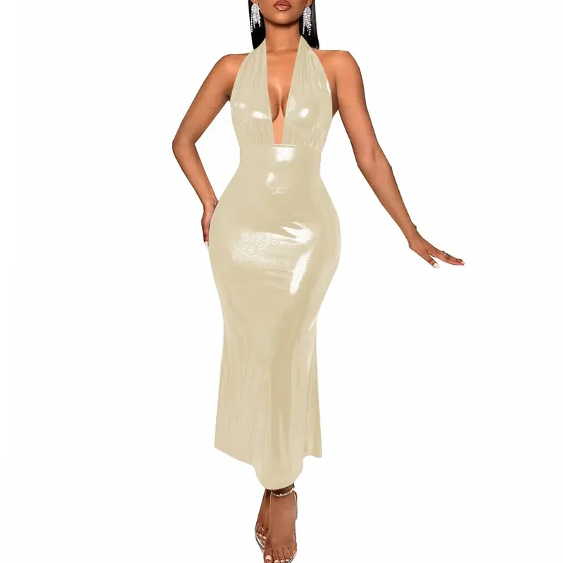 Plus Size Liquid Metallic Halter Dress Ladies Deep V-neck Club Beach Long Dresses Sexy Off-shoulder Backless Suspender Robes