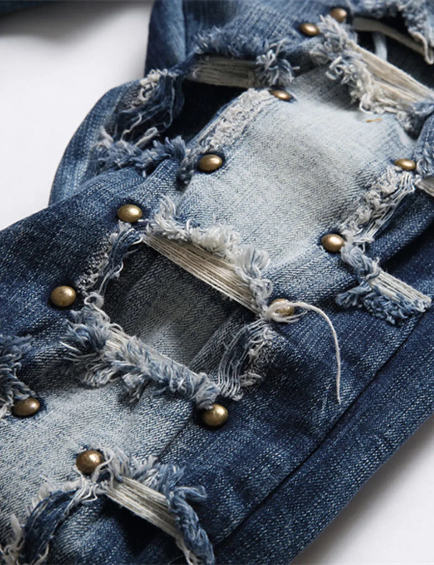 New punk men's jeans with nail beads multiple holes patchwork beggar style men's fashion street personality small straight — image 7