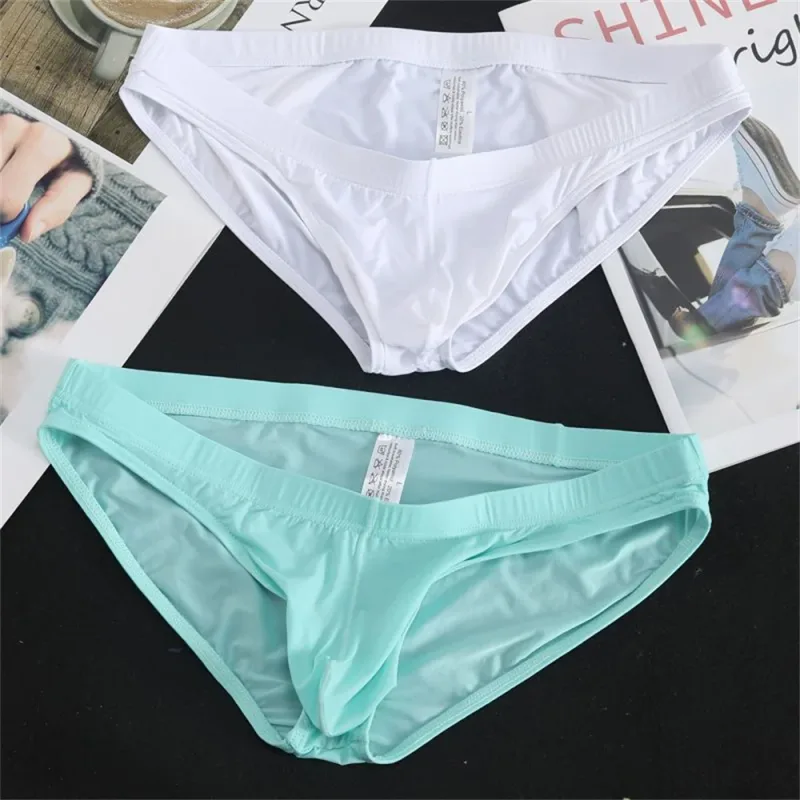 2Pcs Men's Ice Silk Briefs Panties Transparent Quick-dry Underwear Low Waist Solid Color Underpants Male Breathable Sport Shorts — image 27