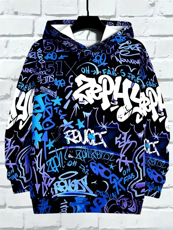 Europäische und amerikanische Herren Herbst Gothic Letter Graffiti Print Weiches und bequemes Kapuzenpullover Outdoor Street Top — image 7