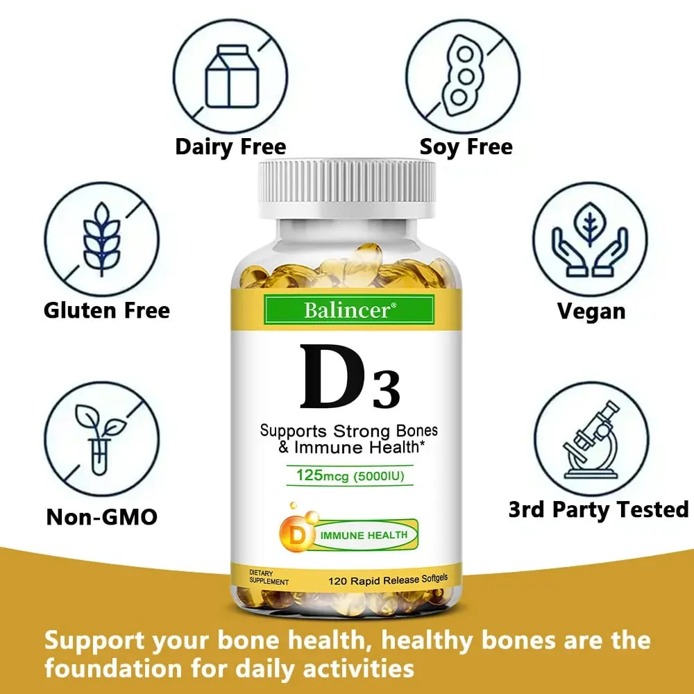 Balincer Vitamin D3 5000 IU (125 Mcg) Dietary Supplement for Bone Teeth Muscle and Immune Health Support 30/60/120 Softgels — image 6