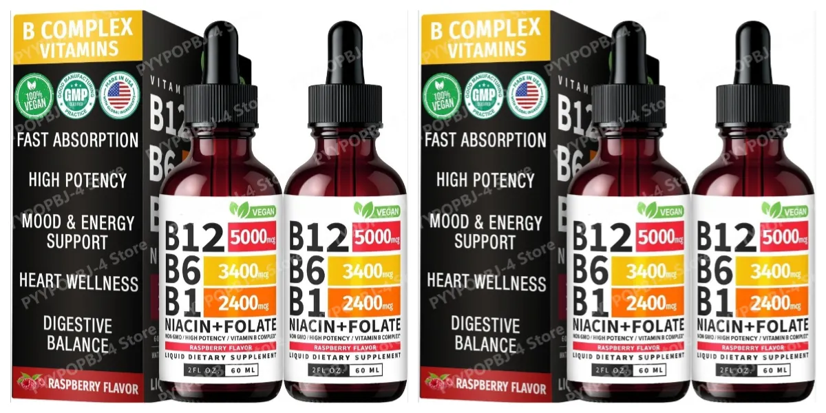 Vitamin B12 B6 tekuté kapky 60 ml B komplex s B1 Niacin Folate Malina Veganský denní wellness doplněk 40 porcí Dospělí — image 9