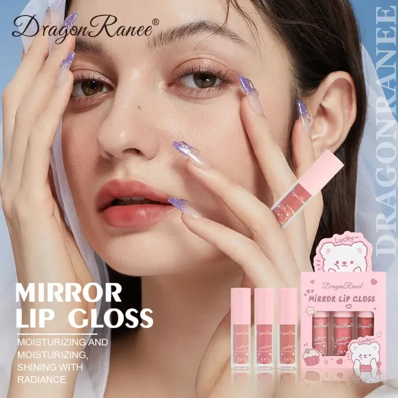 Dragon Ranee 3pcs Mirror Lip Gloss Set Hydrating Shining Lip Glaze Moisturizing Pearl Liquid Lipstick Cartoon Lip glosses Sets — image 3