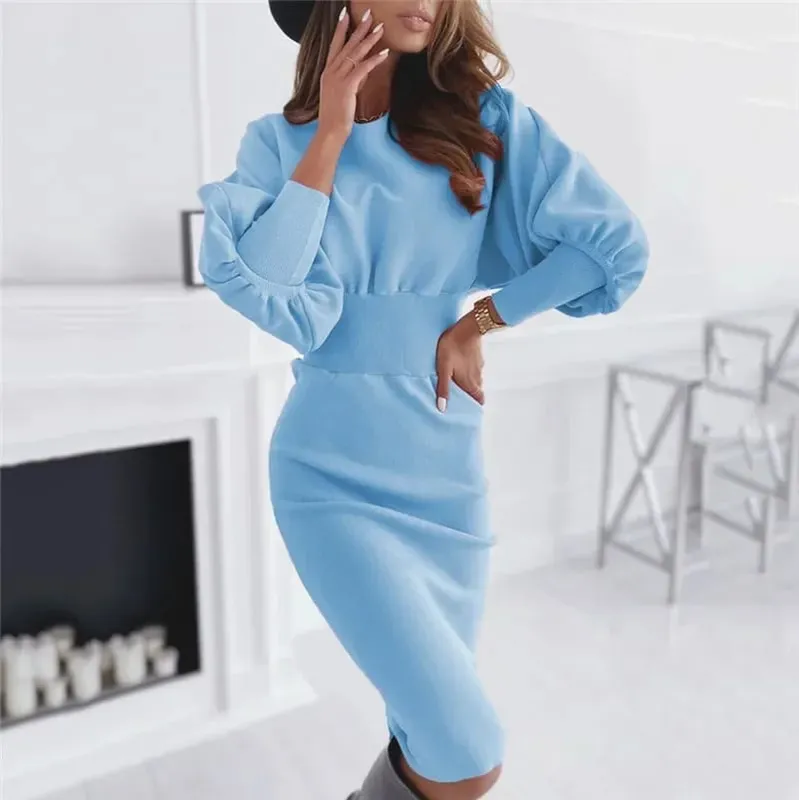 Robe de soirée élégante à manches lanternes pour femmes, tenue de soirée, col rond, moulante, couleur unie, mi-longue, automne hiver, 2024 — image 7