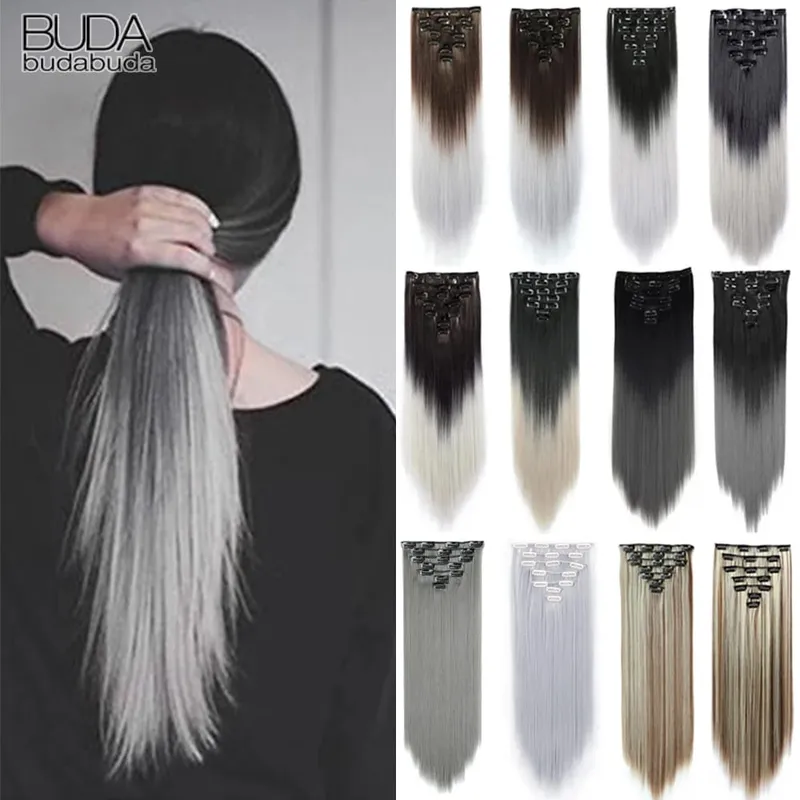 7pcs/Set Long Straight Hair Extension 16 Clips High Tempreture 22inch Synthetic Hairpiece Clip in Red Hair Extensions for Women — image 2