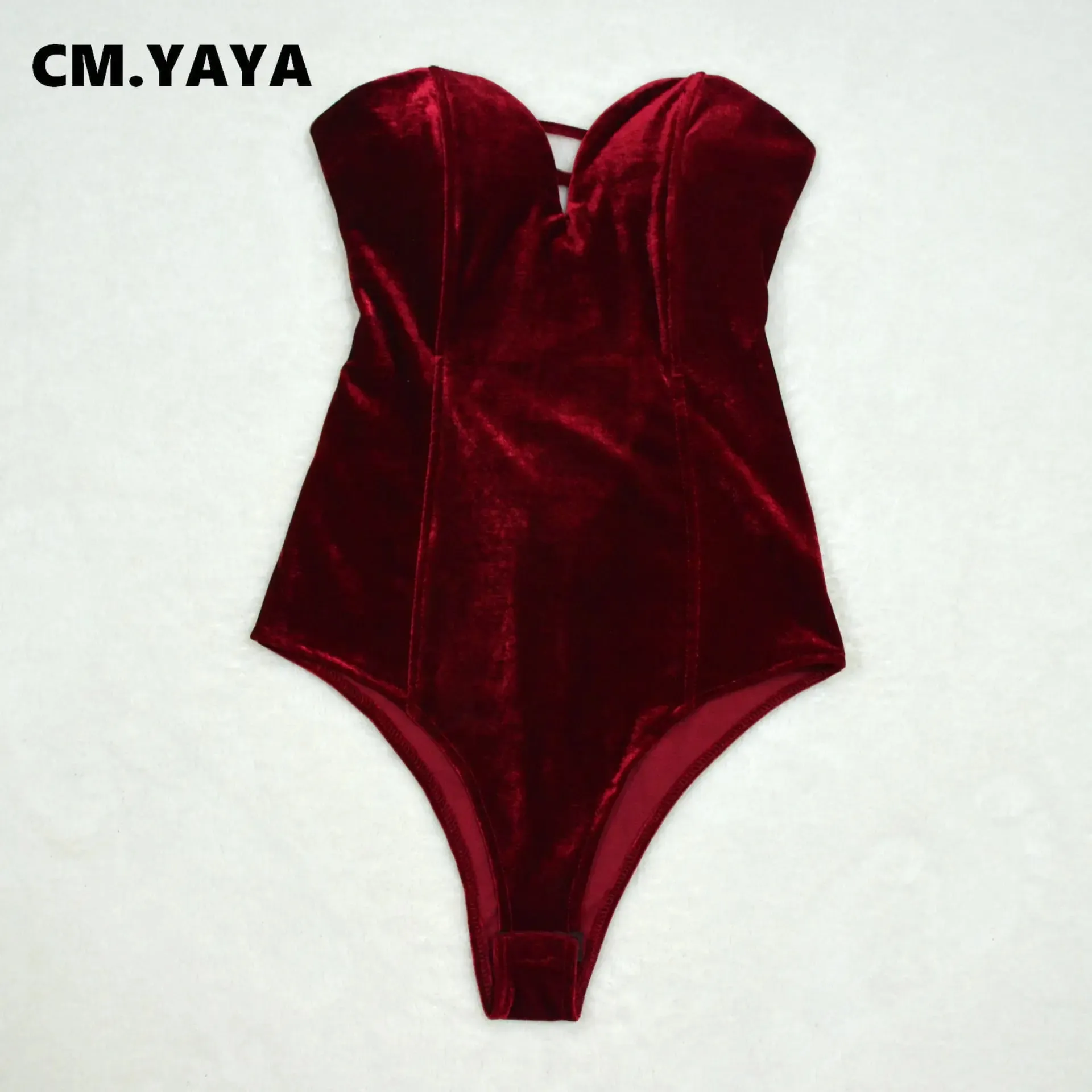 CM.YAYA Vintage Women Velvet Strapless Sleeveless Bodycon Bodysuits 2025 Spring Basic Sexy Party Evening Club Tops One Piece — image 5
