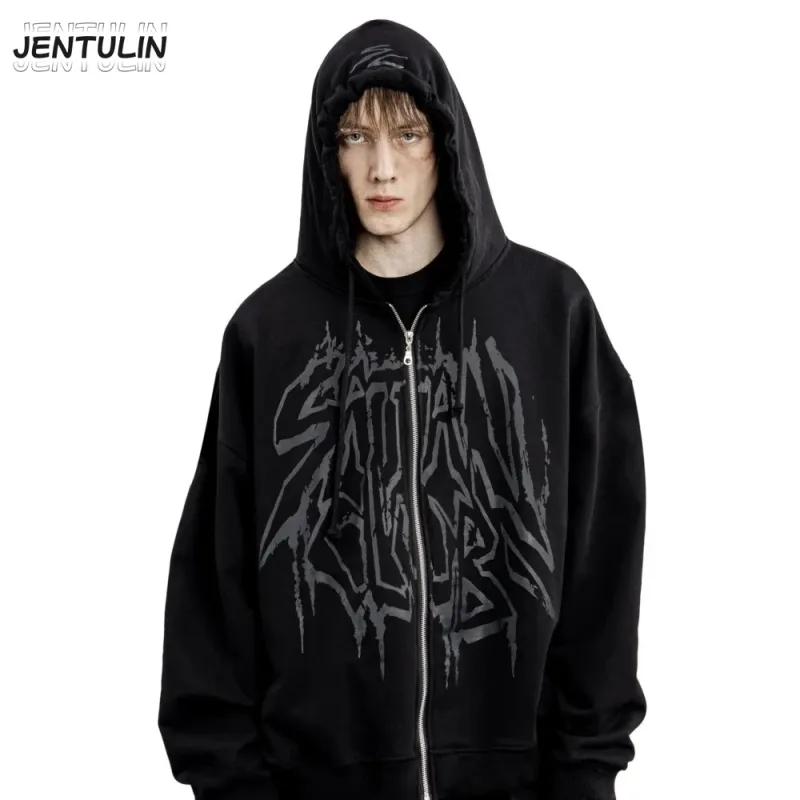 Y2K Retro Hoodie Men's Satan Club Print STNCLB Zip Pullover Sweatshirts High Street Hip Hop Streetwear Oversized Clothing Jacket — image 9