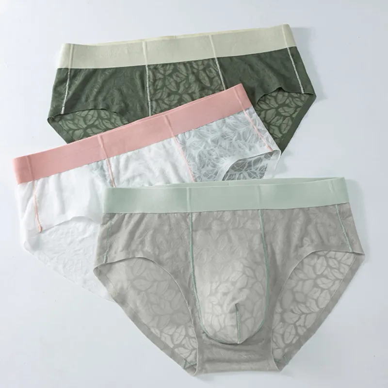 ผู้ชายผ้าไหมน้ำแข็ง Ultra-thin ชุดชั้นในลูกไม้ Jacquard Breathable Pantie 3D Bulge POUCH โปร่งใสตาข่ายชุดชั้นใน — image 6