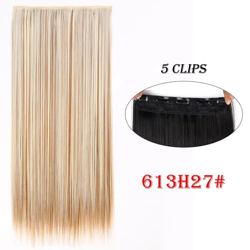 One Piece Clip In Hair Extensions 24" Straight Thick Synthetic Clip In Hairpieces Highlights Black Brown Soft For Women Daily