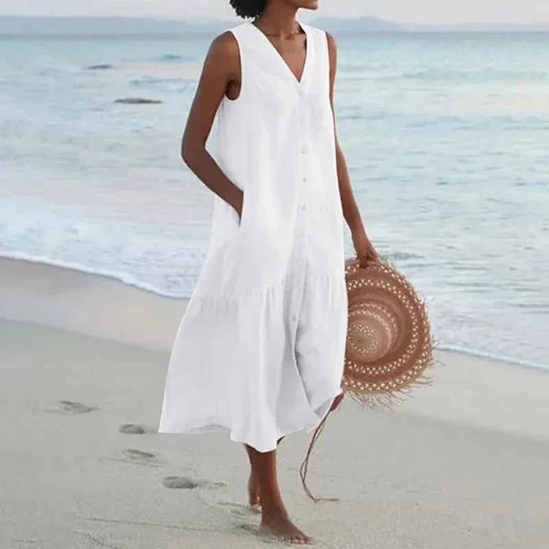 Musim Panas Longgar Kasual Patchwork Cotton Linen Pocktes Gaun V Leher Gaya Pantai Gaun Tanpa Lengan Vintage Club Midi Solid Wanita Pakaian — image 9