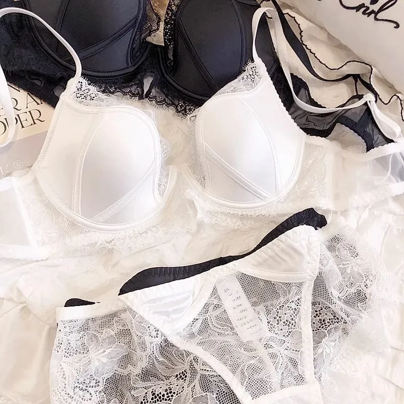 Sweet Little Fresh Deep-V tenké spodní prádlo s krajkou pro ženy, sexy set podprsenky s velkou velikostí BC, spodní prádlo push up se spodničkami