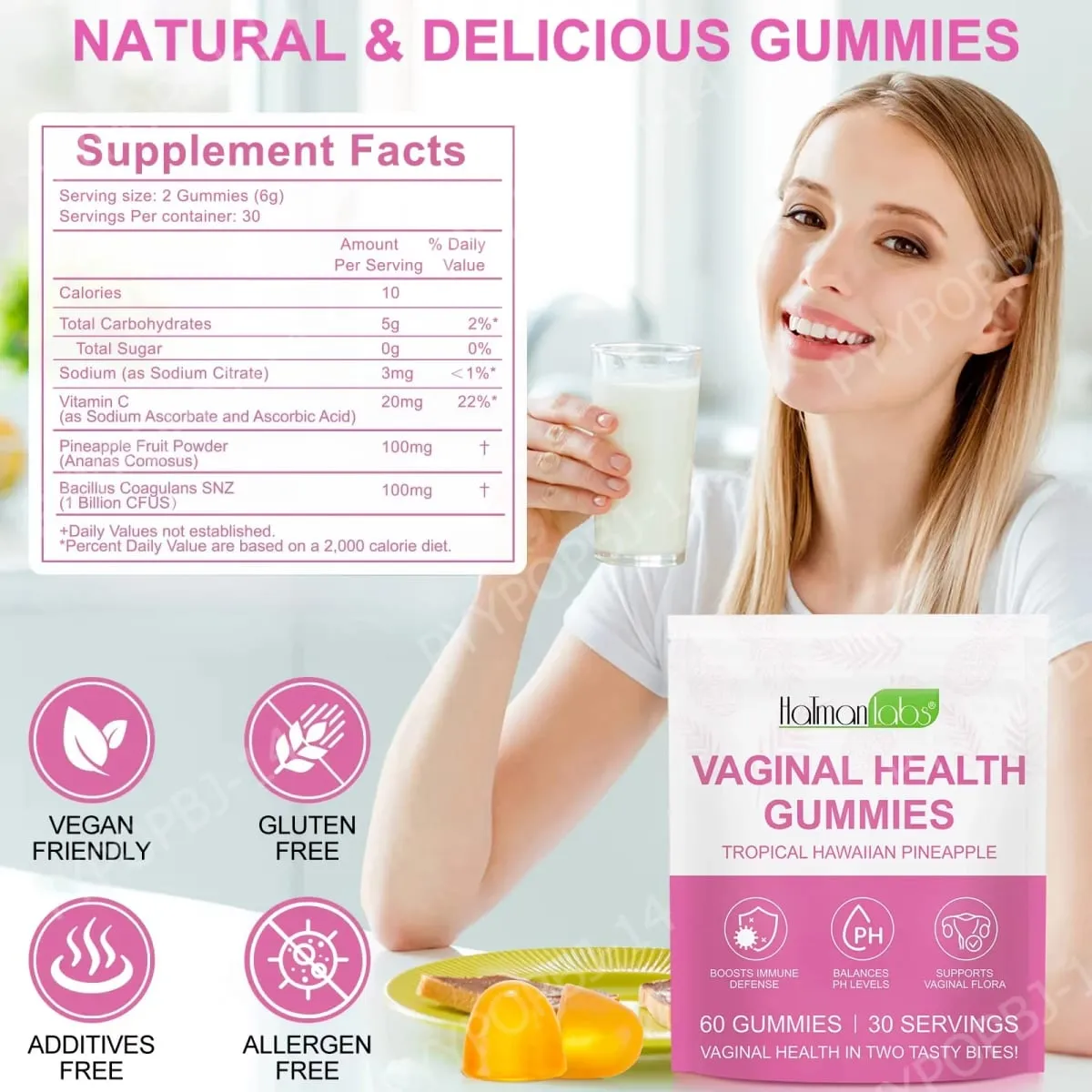 HolmanLabs Vaginal Health Gummies avec vitamine C et probiotiques soutiennent la flore vaginale aide à équilibrer les niveaux de pH 60 Gummies — image 2