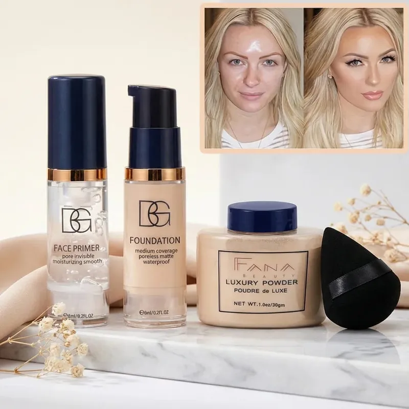 4-Pcs Set Face Makeup Bundle - Smoothing Primer Matte Foundation Setting Powder with Puff - Long-Lasting Waterproof Value Pack — image 1