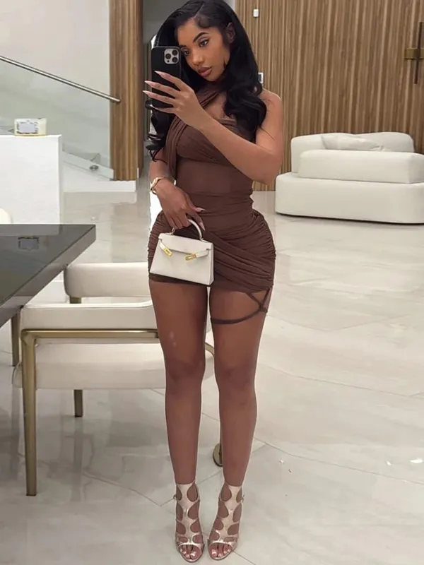 kliou Síťovaný Kříž Nepravidelné Dámské Mini šaty Jednobarevné Sexy Lizený Výstřih Dutý rukáv Bez rukávů Tenké Vestidos Mujer Ohromující párty klubové oblečení — image 6
