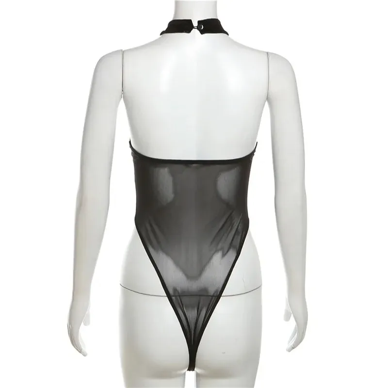 QQ Sexy Y2k Love Patchwork Slim Streetwear Jumpsuits Bodysuits Goth Mesh Velvet Sleeveless Halter Backless Bodycon Women Heart — image 6