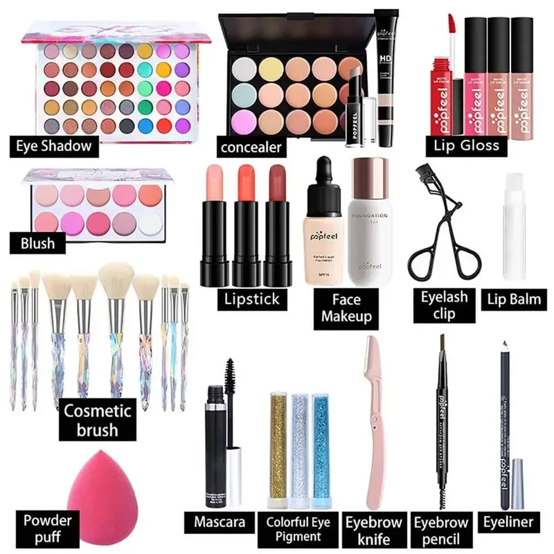 Beginner Cosmetic Set Makeup Cosmetic Set Practical Lip Gloss Brush Great Gift Powder Puff with Storage Box for Performance