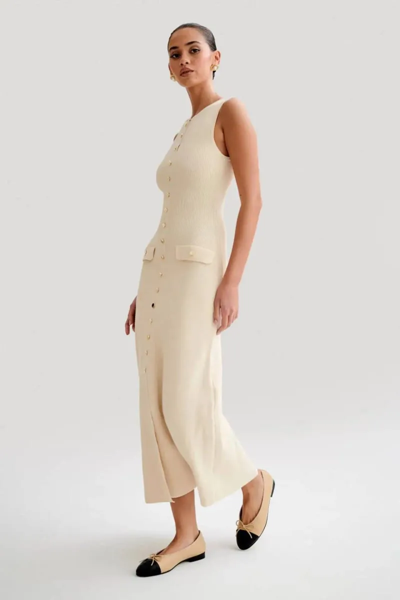 2024 Summer Elegant Lady Knitted Single Breasted Long Dresses Women Solid Sleeveless O Neck Button Bodycon Party Female Vestidos — image 4