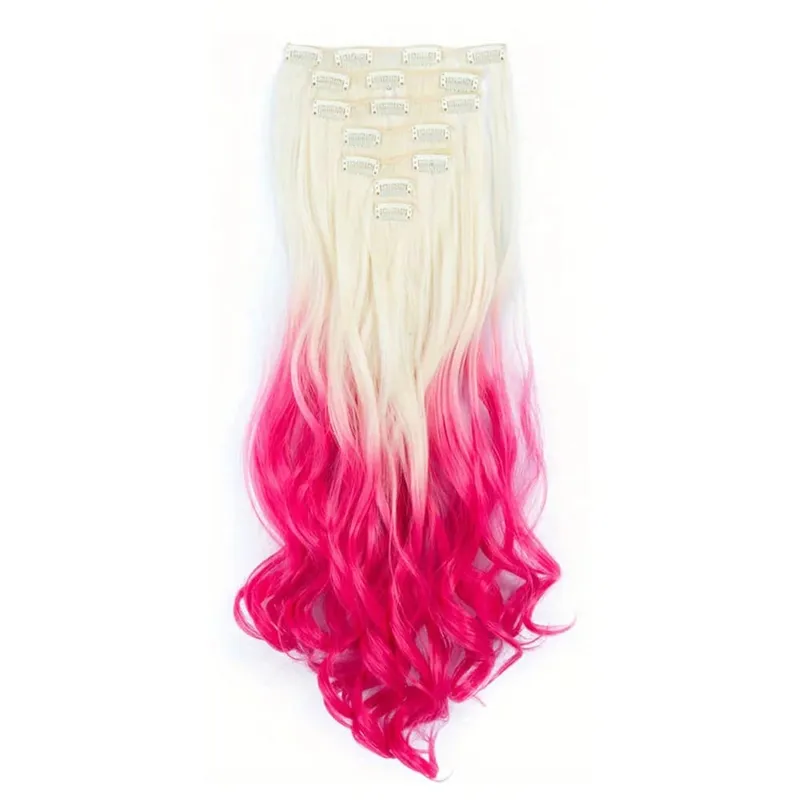Clip in Hair Extensions Ombre Color Synthetic 7pcs Set Wavy Curly Hairpieces Black to Purple For Women Girls — image 16