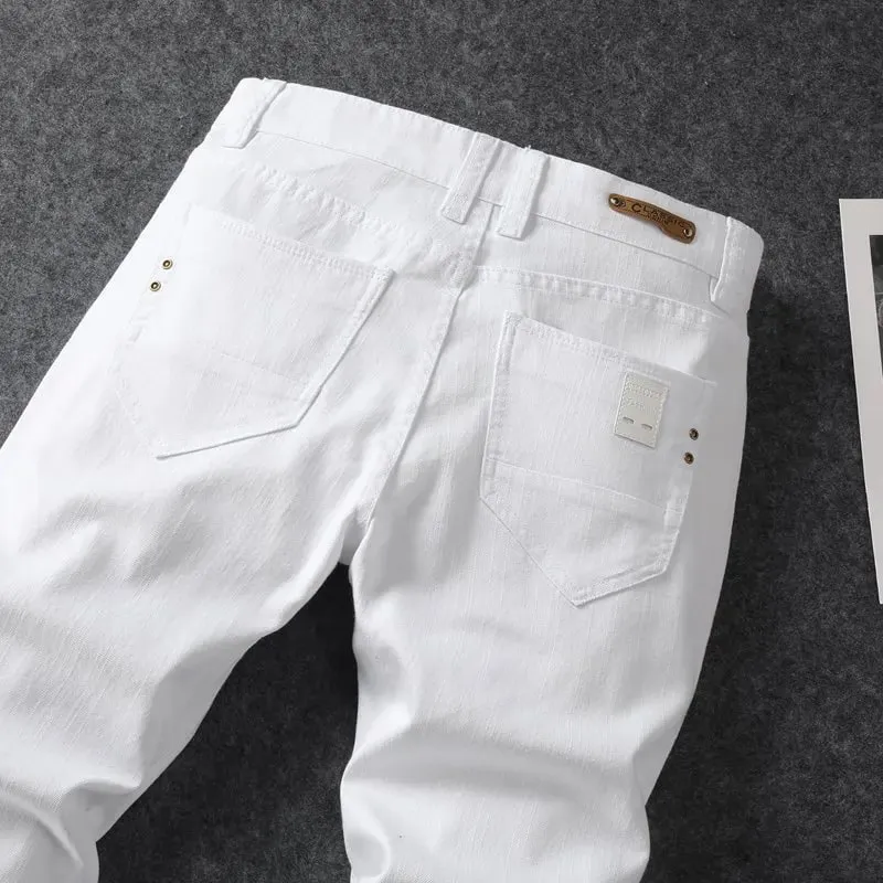 Four season men's fashionable white casual stretch straight leg jeans comfortable and versatile tight fitting sports pants