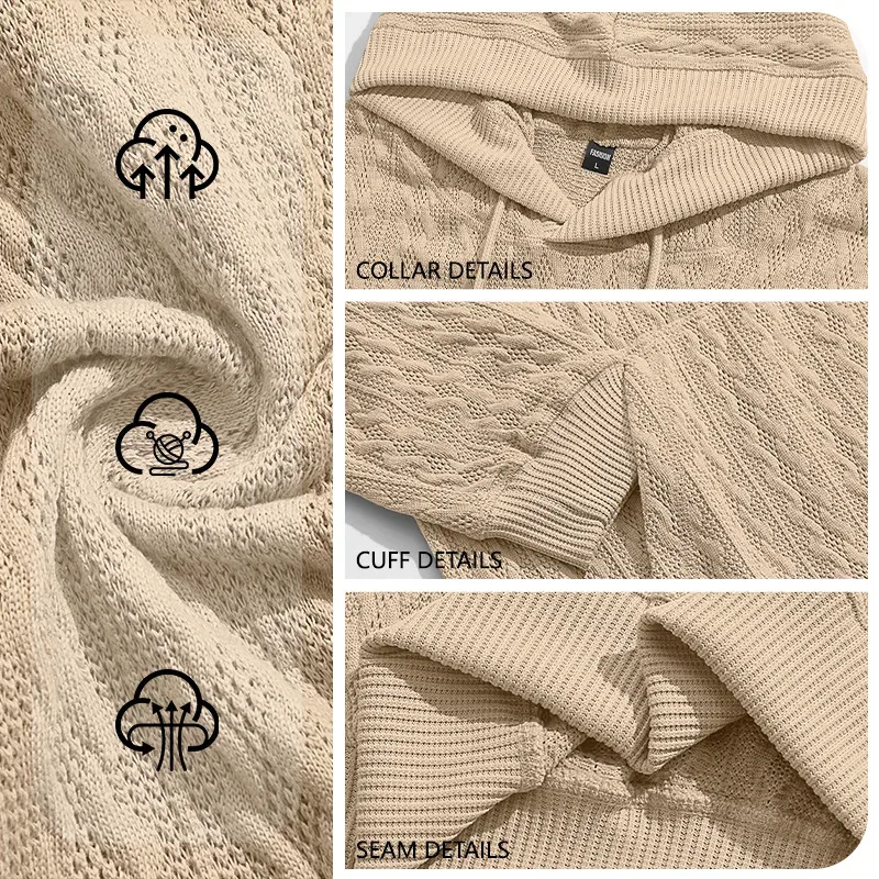 Men Thin Cable Knit Hooded Sweatshirt Drawstring Hood Kangaroo Pocket Long Sleeve Loose Casual Pullover Autumn Daily Street Tops — image 13