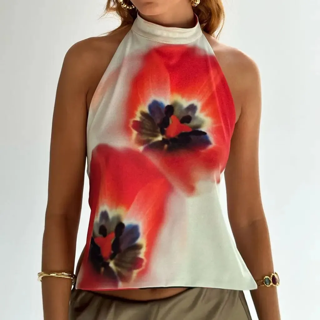 Combhasaki Women's Y2K Button Closure Halter Neck Crop Tops Sleeveless Backless Aesthetic Dots/Tie-dye Flower Print Summer Vests — image 11