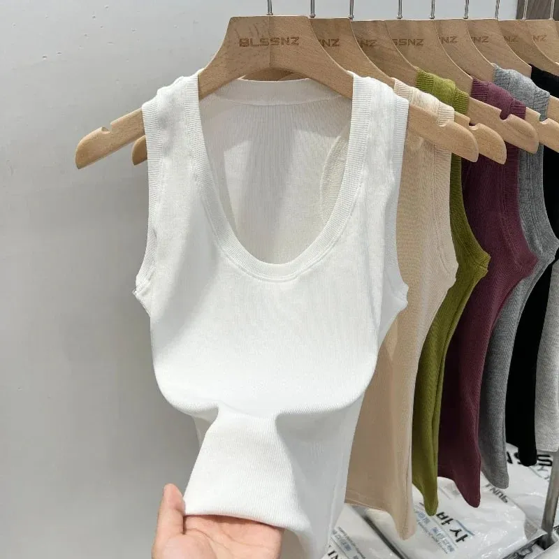 2026 Women Solid Low Round Neck Ribbed Camisole Summer Basic Elastic Tank Top Korean Style Versatile Slim Tanks & Camis — image 2
