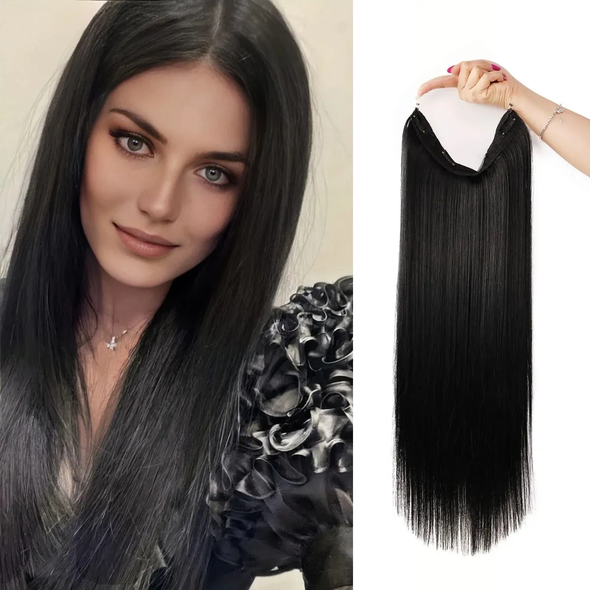 Invisible Wire Hair Extensions Adjustable Size Removable Secure Clips in 24 Inch Straight Secret Hairpiece for Women
