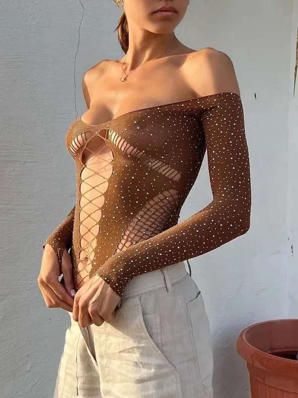 See Through Sparkly Mesh Bodysuit Women Long Sleeve Rhinestone Body Tops Hot Drill Female Party Nightclub Sexy Lingerie — image 18