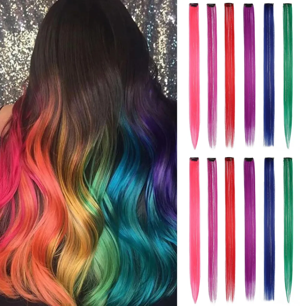 Multicolor Clip in Hair Extensions Mix tinsels Colored Hair Extensions 2 in 1 Rainbow Hair with Silver Tinsels for Kids Girls — image 12