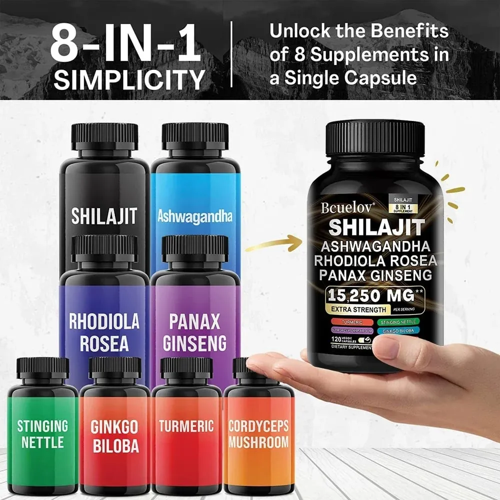 Shilajit 9000 Ginseng 1500MG Ashwagandha 2000MG - Les extraits complexes de plantes naturelles 8 en 1 fournissent de l'énergie et une force musculaire immunitaire — image 2