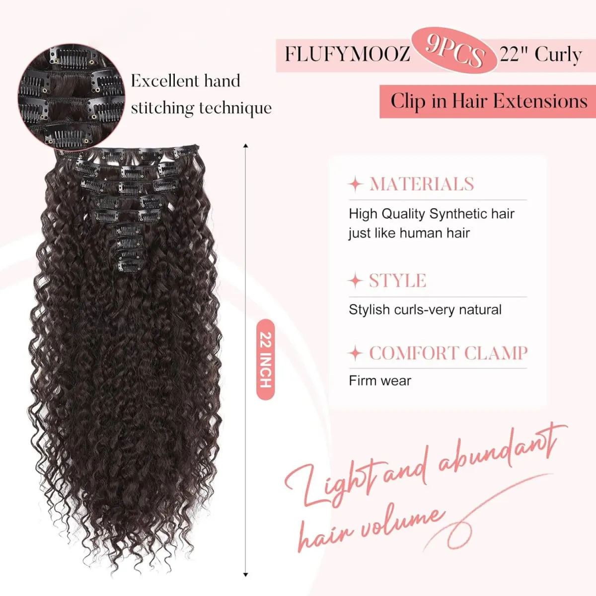 9PCS Excellent Handstitching Clip in Hair Extensions 22 Inch Curly Hair Extension Long Soft Synthetic Hairpieces for Women — image 4