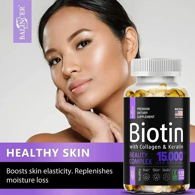 Biotin Supplement - 15 000 Mcg with Collagen and Keratin Vitamins Shiny Hair Skin and Nails Joint Health 30/60/120 Capsules — image 4