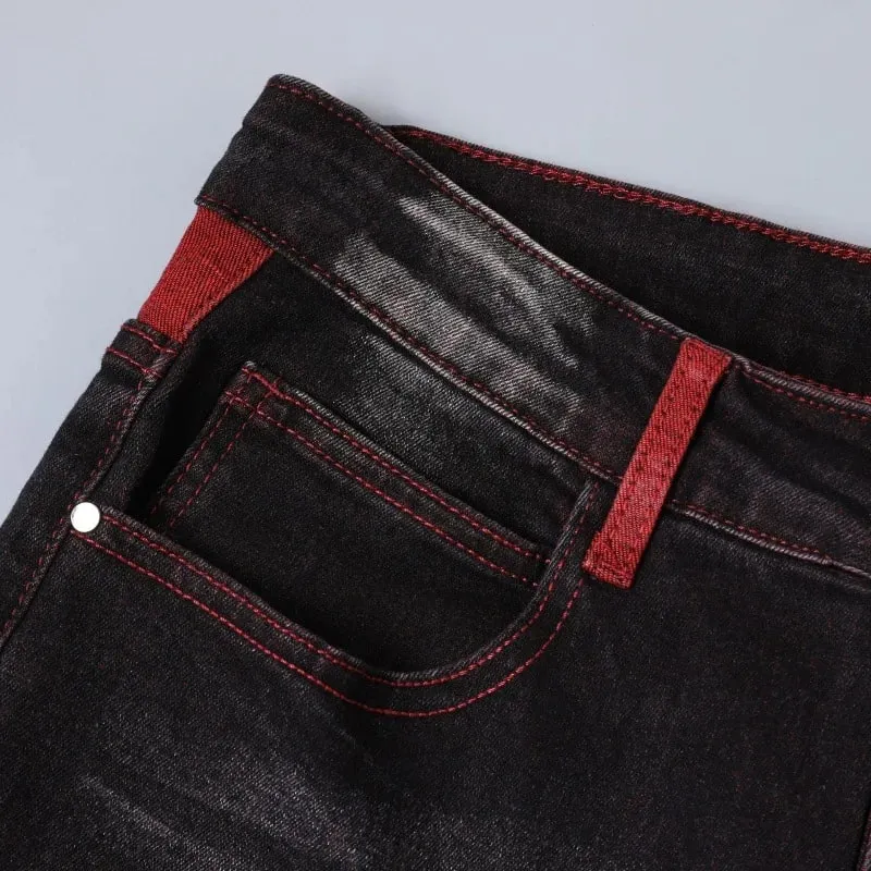 Jeans Stretch Hitam Pria untuk Celana Denim Musim Semi dan Musim Gugur dengan Detail Ripped Merah Ukuran Asia 28–42. — image 3