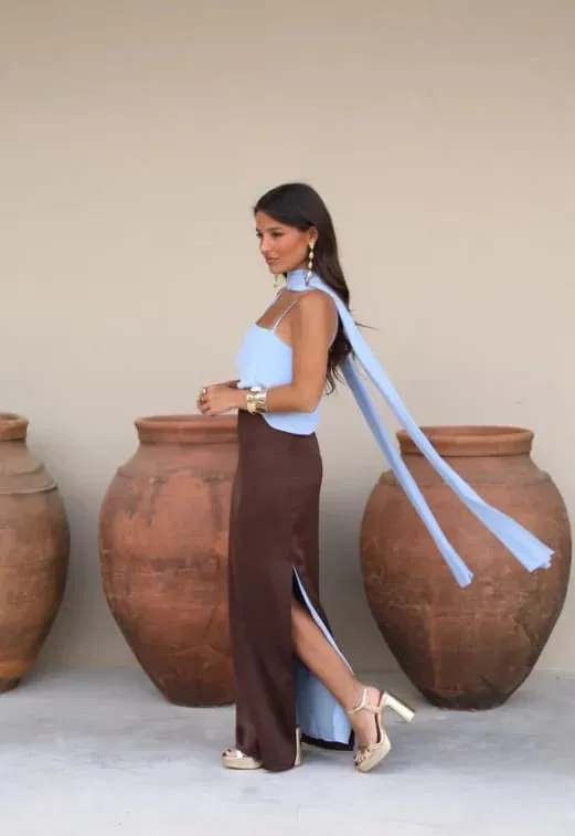 Robe Maxi à bretelles et col écharpe pour femmes, blocage de couleur, bretelles Spaghetti, fente haute, longueur au sol, Robes de soirée pour dames — image 7