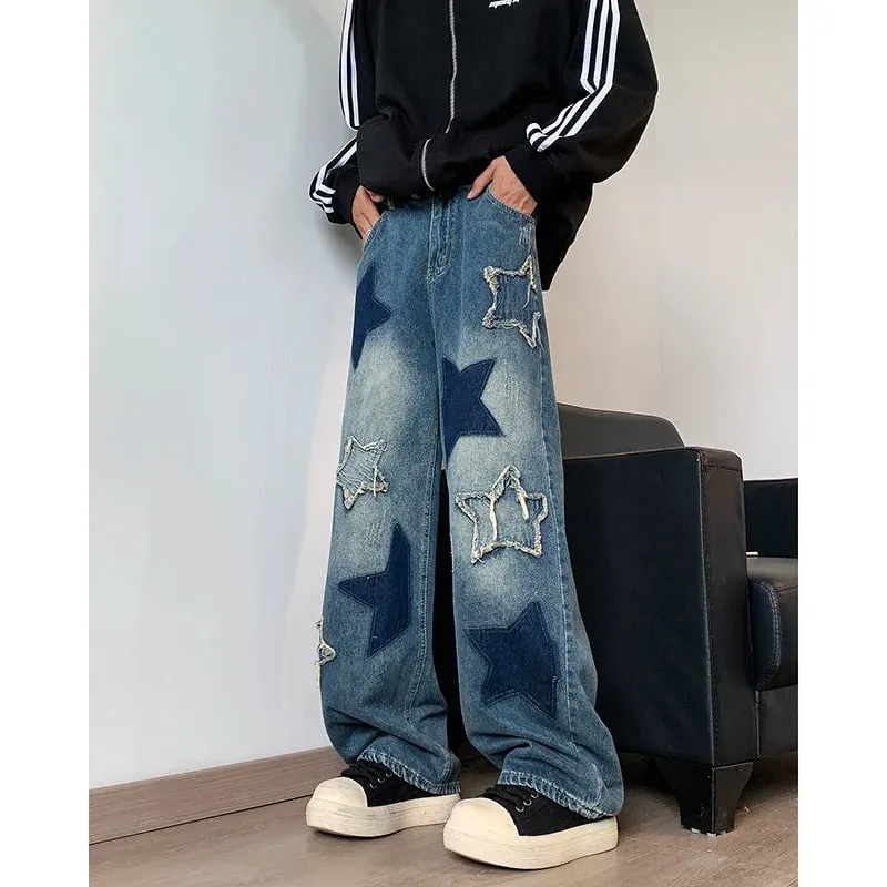 Jeans Men Straight Star Embroidery Patchwork Autumn Jeans Uomo Wide Leg Hip-hop Fashion Youth Neutral Streetwear Denim Trousers
