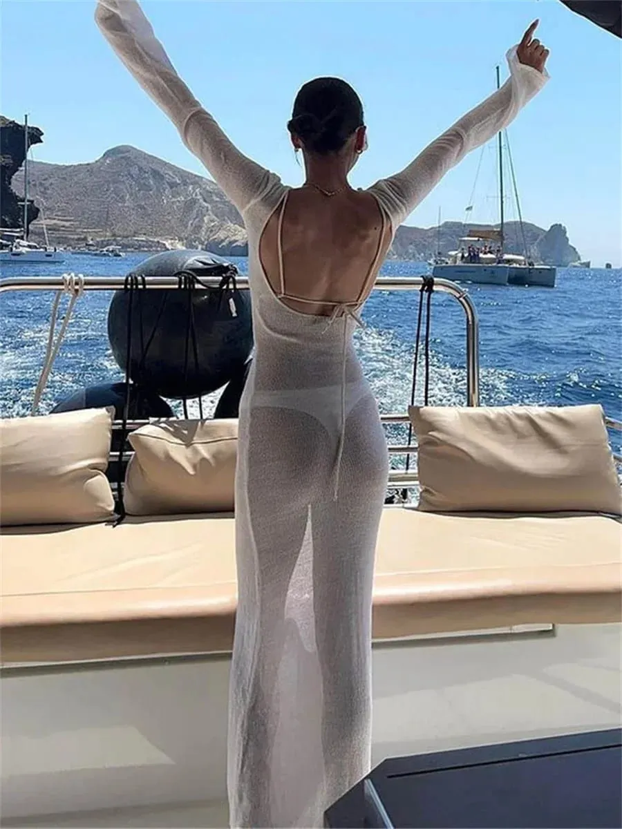 Robe longue de plage en maille pour femmes, manches longues, col rond, transparente, protection solaire, couleur unie, dos nu, été