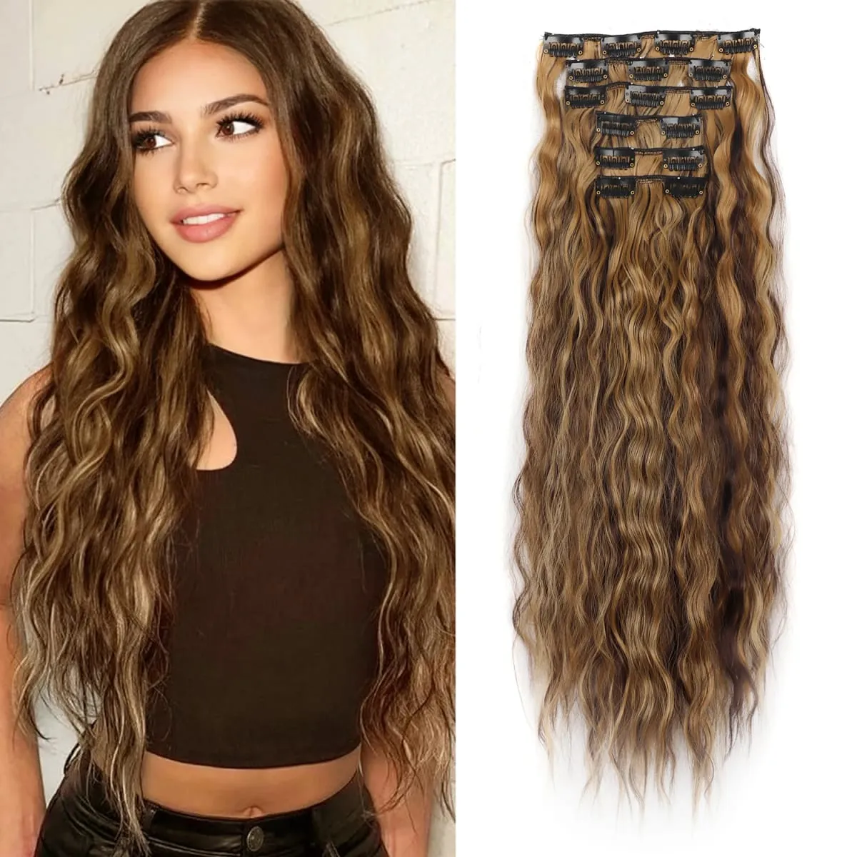 6PCS Clip In Hair Extensions Water Wave 20inch Long Synthetic Clip On Hairpiece Corn Wavy Style For Women Girls Daily Party