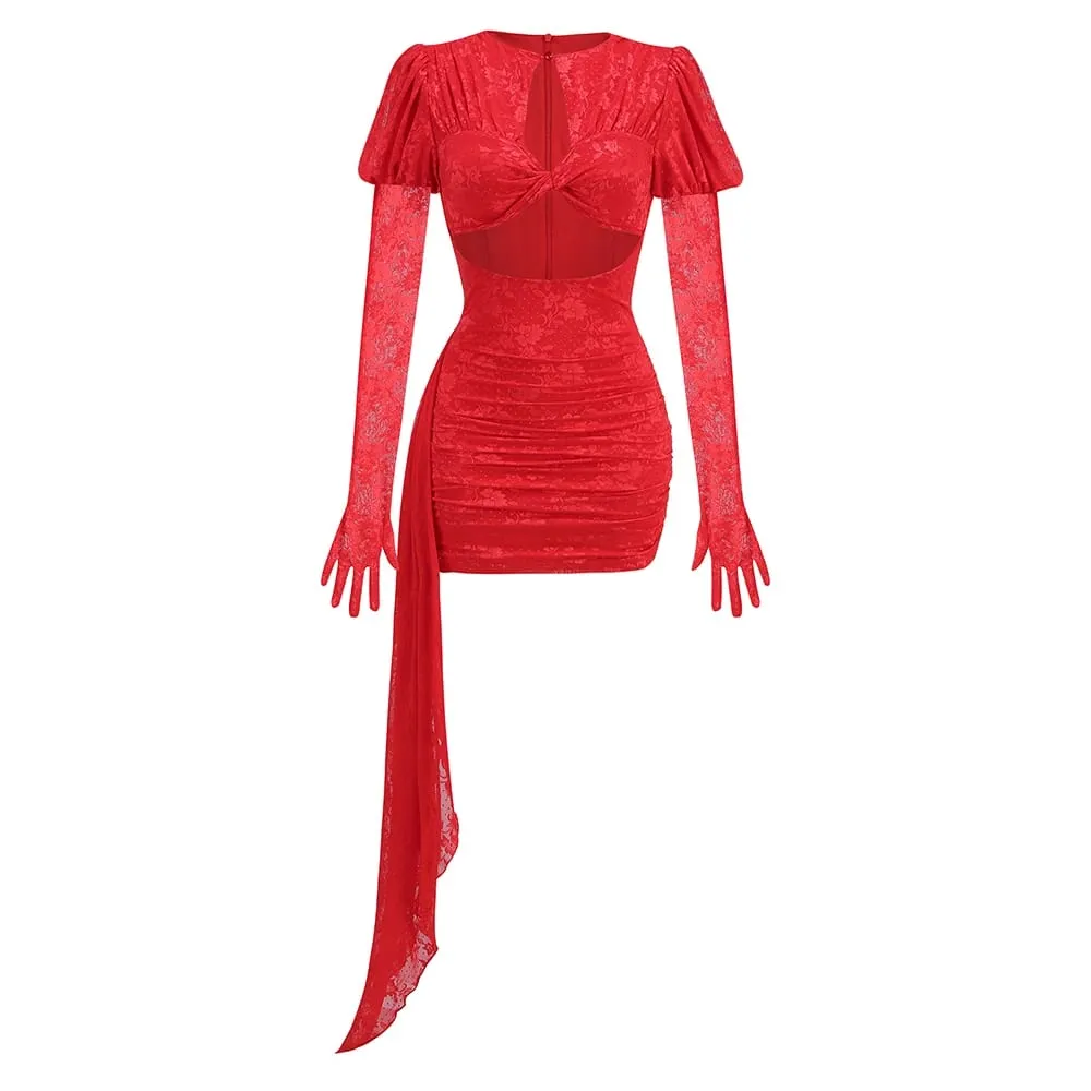 Haute qualité rouge blanc femmes à manches longues Sexy dentelle drapée moulante Mini robe gants discothèque fête célébrer robe d'anniversaire — image 6
