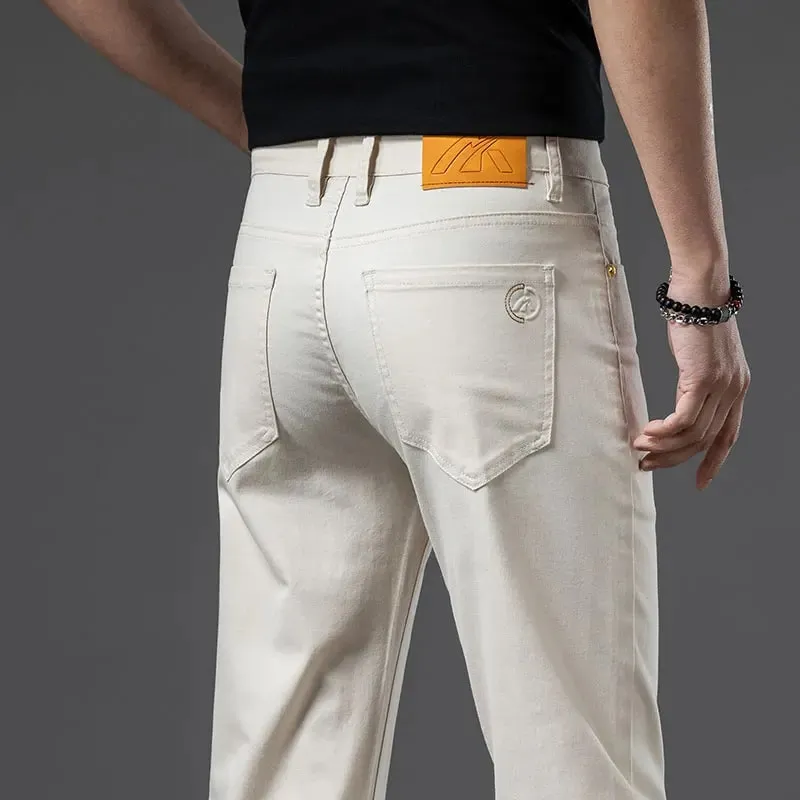 2024 New Men's Khaki White Cotton Stretch Slim Smart Jeans Casual Straight Business Fashion Beige Brand Denim Trousers — image 1