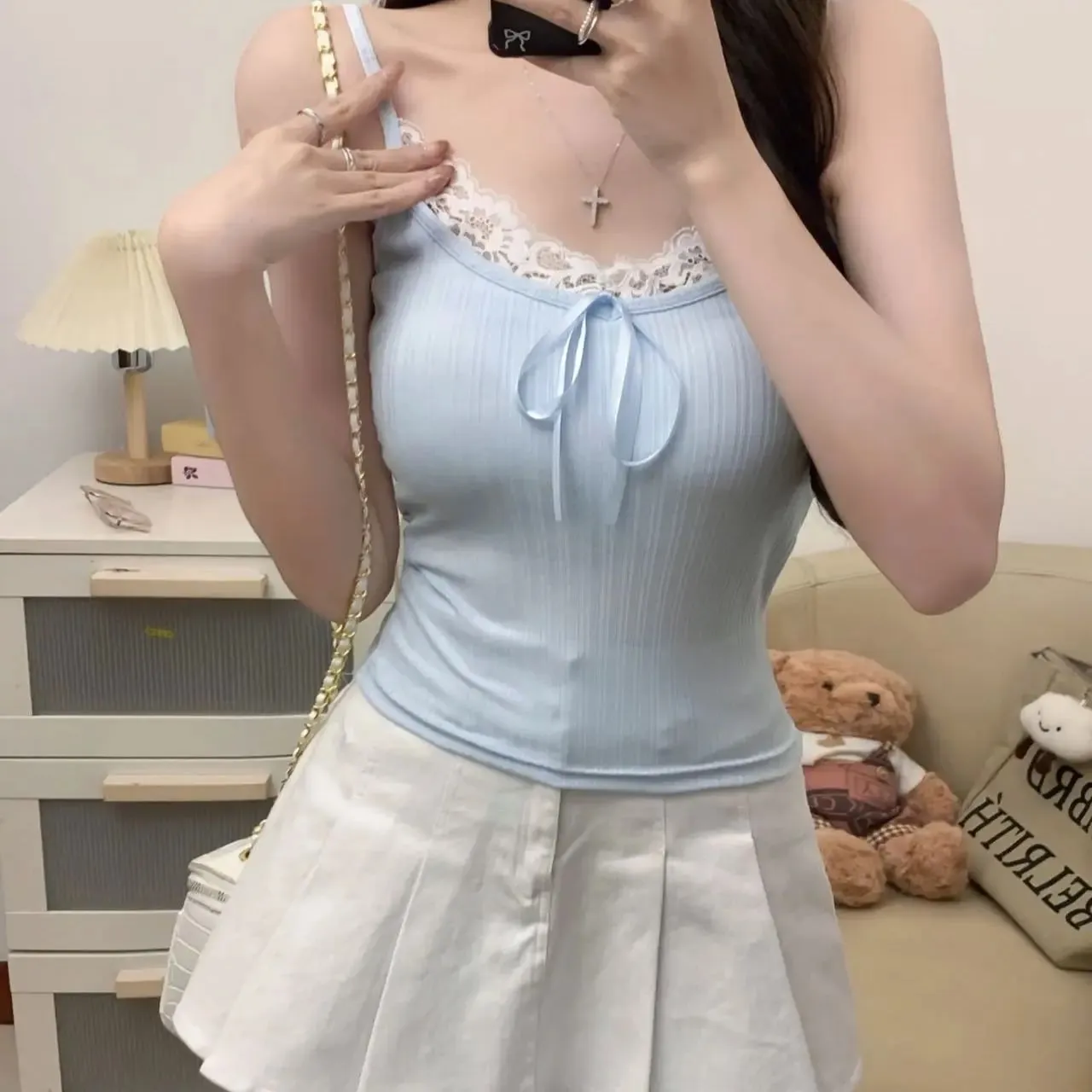 Sexy Patchwork Lace Trim Camis Top Sweet Casual Slim Solid V-Neck Sleeveless Cute Tank Tops Women 2025 Summer Streetwear Lady — image 7