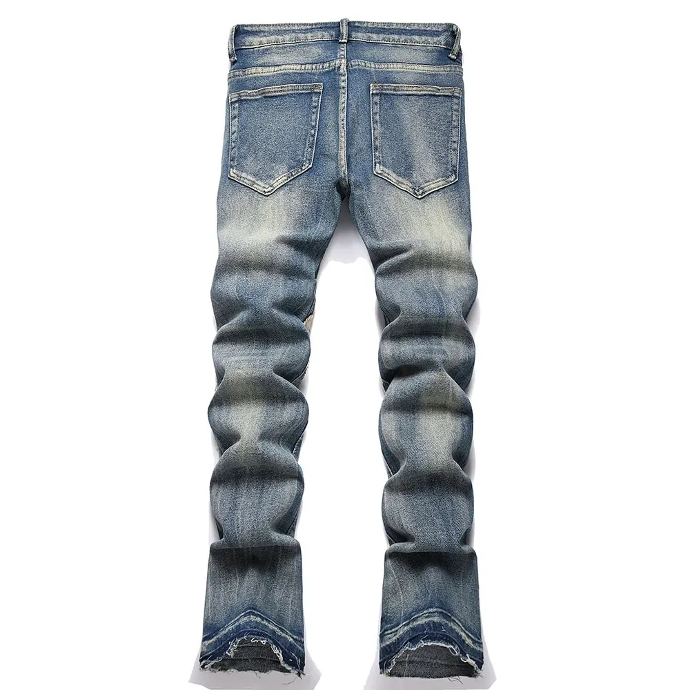 Men Letters Patch Embroidery Denim Jeans Streetwear Release Hem Distressed Pants Retro Vintage Blue Slim But Cut Flared Trousers — image 2