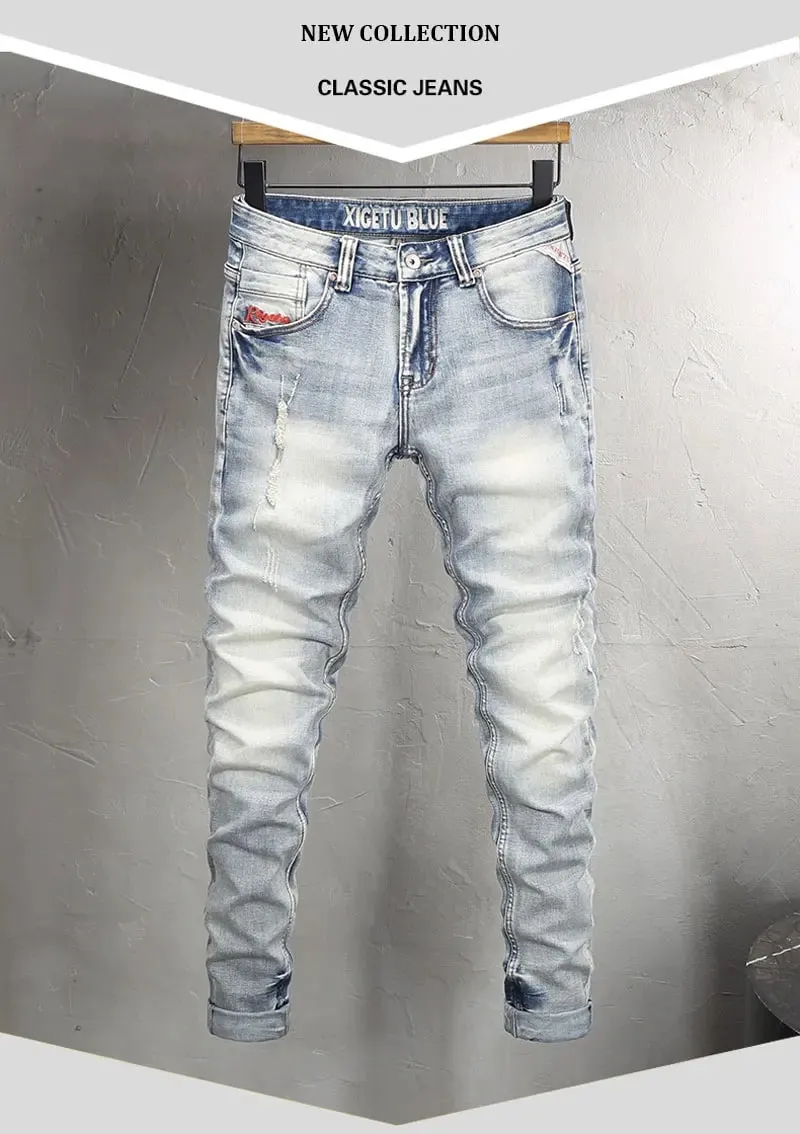 Designer Fashion Men Jeans High Quality Retro Light Blue Stretch Slim Fit Ripped Jeans Men Y2K Embroidery Vintage Denim Pants — image 9
