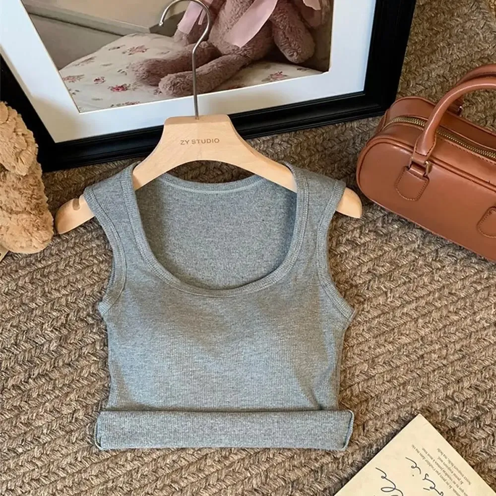 Women Solid Color O Neck Ribbed Tank Top Wide shoulder Strap Camisole 2025 Summer autumn Basic Camisole Elastic Tank Tops — image 11
