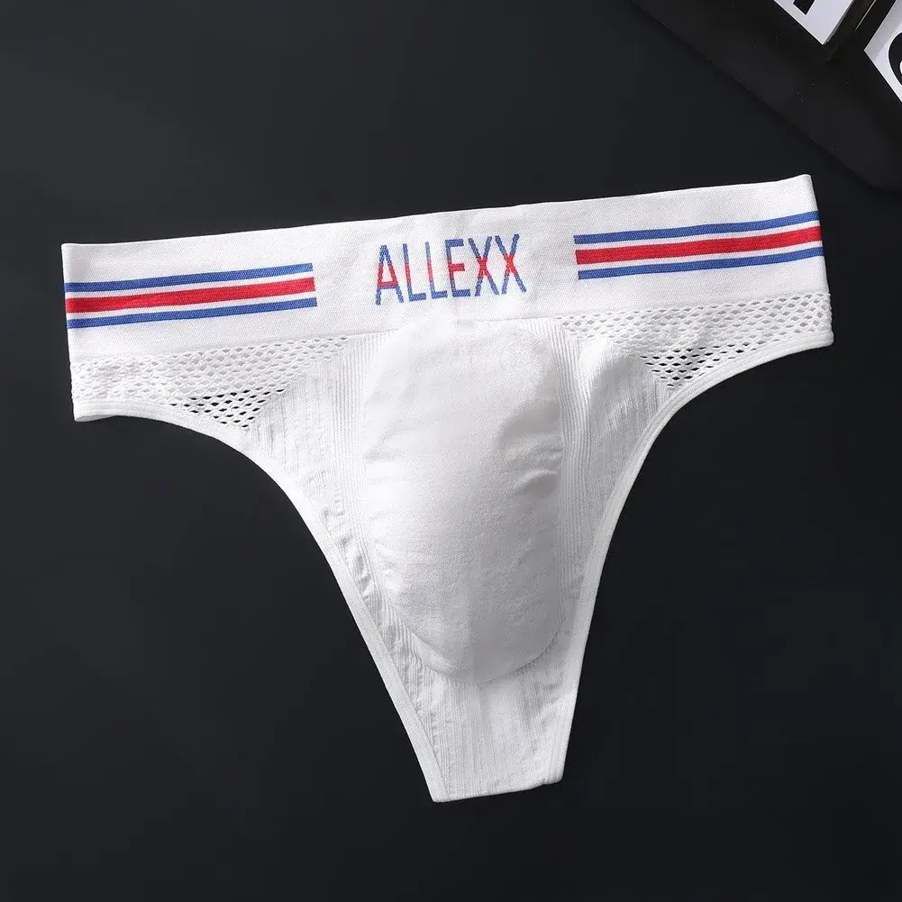 1pc Men's G-String Underwear 3D Bulge Pouch Striped Letter Printing Briefs Elastic Mesh Breathable Comfortable Thongs — image 7