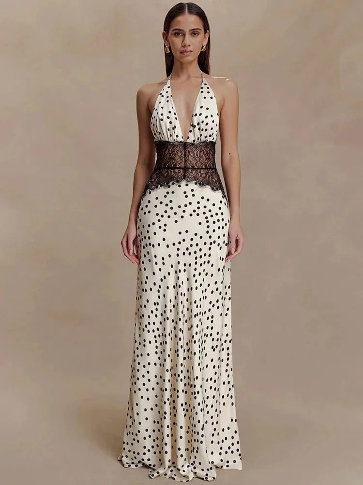 Mozision polka dot sem costas sexy maxi vestido feminino elegante retalhos rendas halter decote em v profundo sem mangas bodycon clube vestido — image 2