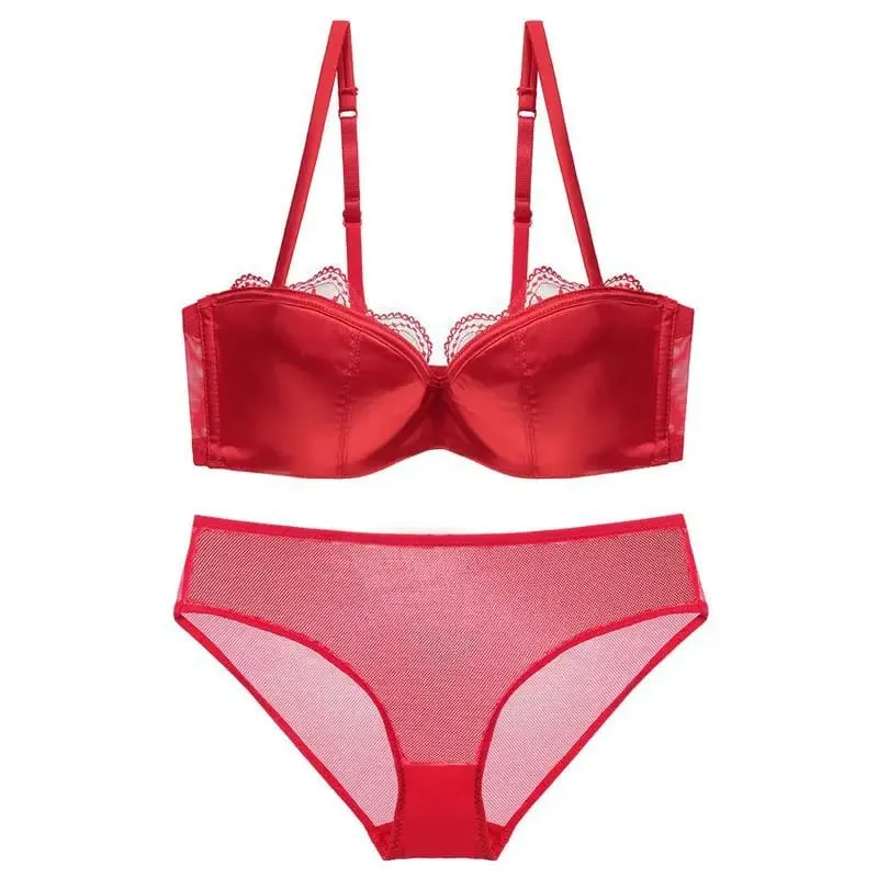 French Lace 1/2 Thin Cup Sexy Bra Set Women Seamless Underwear Push Up Brassiere Breathable Mesh Panties Sets Plus Size Lingerie