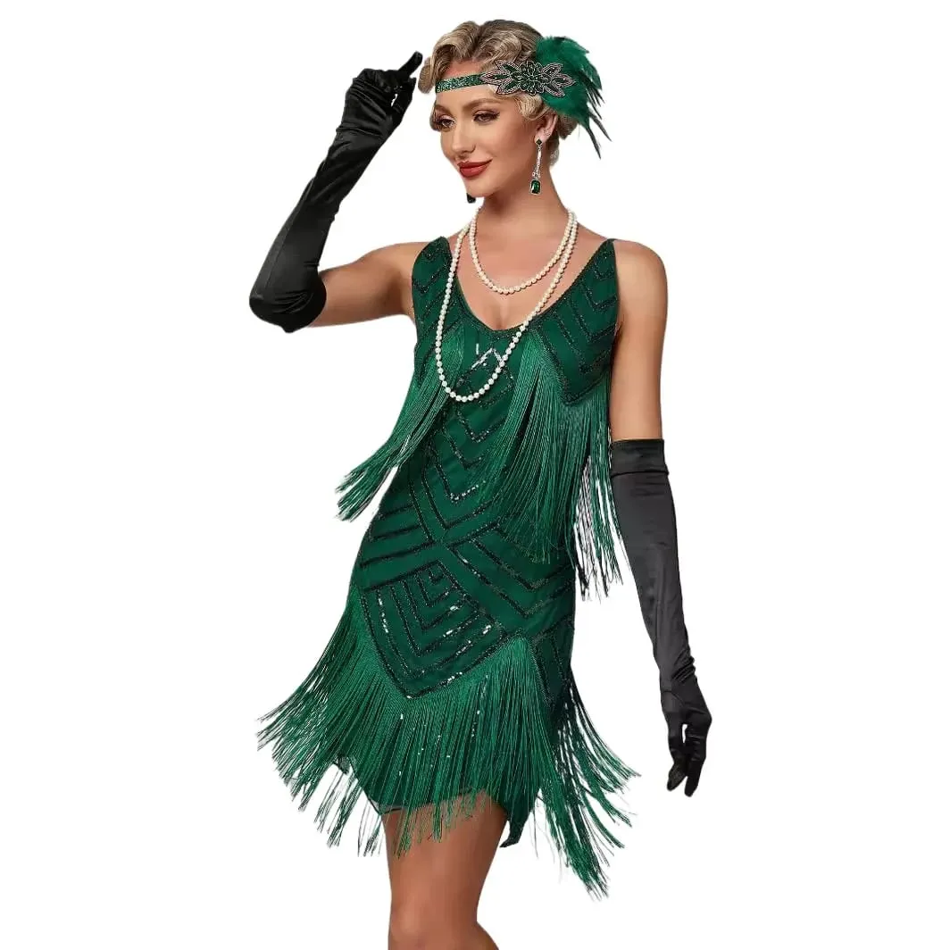 Flapper Roaring Plus Size 20s Great Lady Mini Short Dress Gatsby Fringed Sequin Beaded Lady Mini Tassels Decoration Dresses — image 2