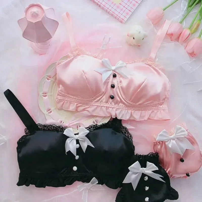 Set di lingerie dolce retrò giapponese, morbido e carino pigiama con fiocco, confortevole, senza reggiseno ad anello in acciaio, per petto piccolo — image 4